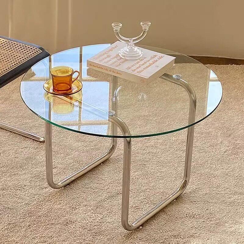 中古不锈钢圆形茶几钢化玻璃边几ins风小户型角几北欧简约咖啡桌