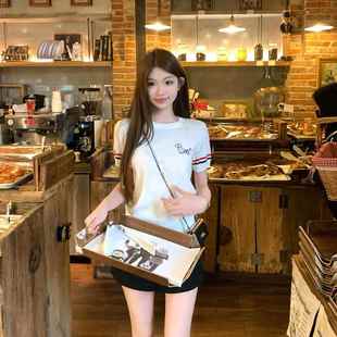 Bigking大金家 米白色短袖t恤女学院风刺绣圆领修身短款针织上衣