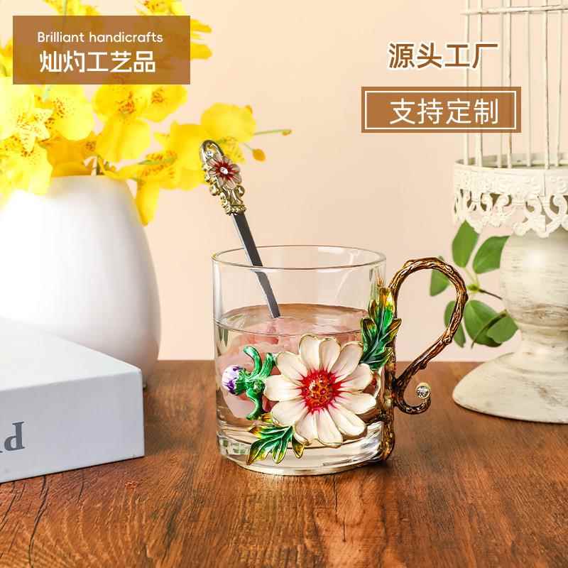 复古创意珐琅水彩白色手绘海棠马克杯高颜值咖啡杯耐热