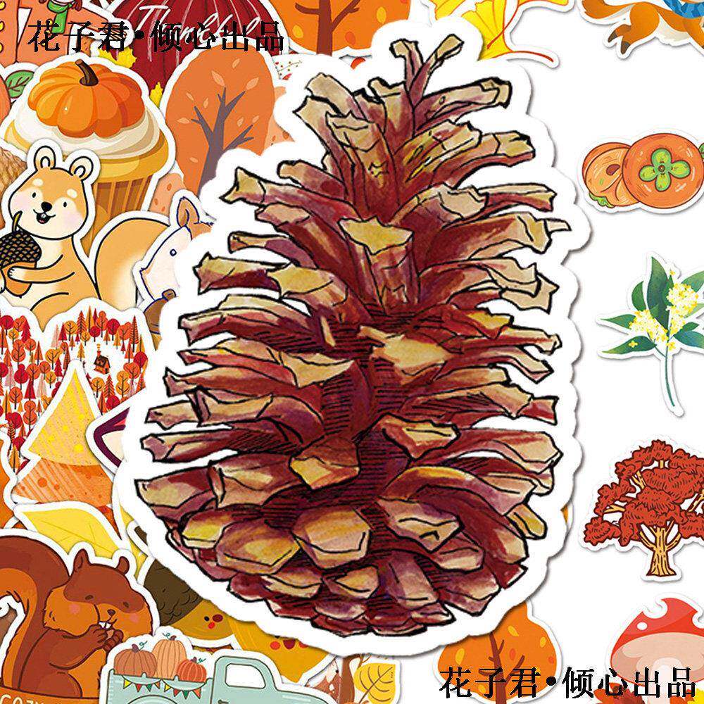 100张秋天丰收季贴纸ins风秋冬氛围感栗子松子南瓜古物树叶贴画