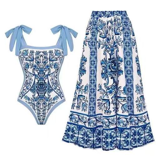 Printed one-piece swimsuit, women's wrap skirt set, beach