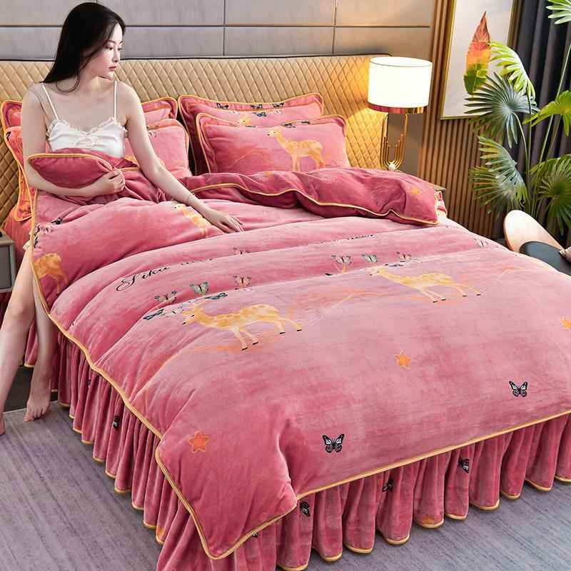 正品8斤加裙厚奶绒四牛件套床款冬季珊绒双面短毛法兰绒被套床瑚