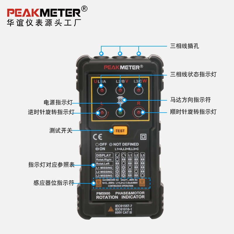 华谊PEAKMETER马达相序旋转指示仪PM5900非接触三相电机相序测试