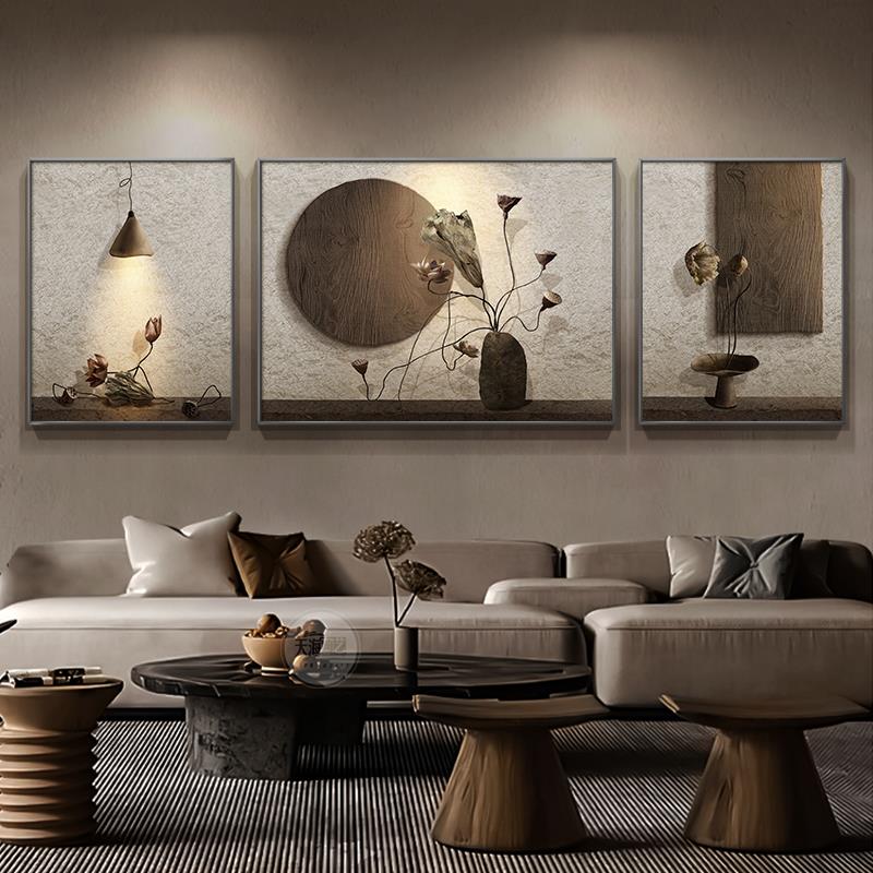 日式侘寂风客厅装饰画高级感荷花沙发背景墙壁挂画三联画2024新款图片