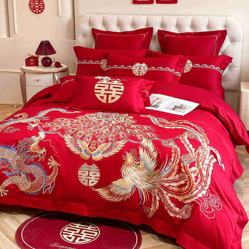 高档中式龙凤刺绣结婚四件套纯棉床单被套婚房大红色婚庆床上用品,床上用品,婚庆床品套件,淘宝优惠券,粉丝福利购,淘宝优惠卷