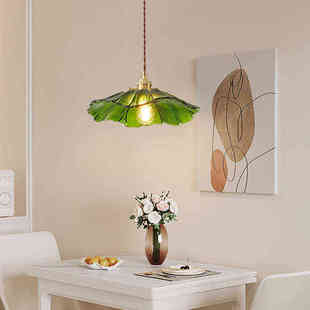 北欧简约床头餐厅吧台灯花朵美式单头长条绿色荷叶边玻璃复古吊灯