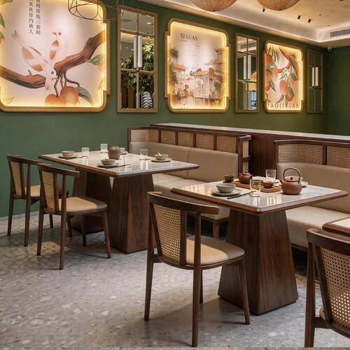 复古主题饭厅商用餐桌椅组合餐饮店咖啡厅茶楼茶餐厅藤编卡座沙发