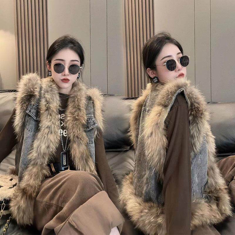 欧洲站2025年秋冬新款洋气牛仔拼接貉子毛马夹女外套无袖马甲背心