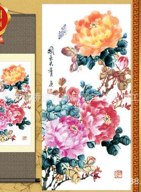 客厅办公室商铺挂工笔花鸟丝绸画 卷轴国画古牡丹SG02