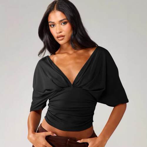 Top deep V-neck front exposed navel waist short sleeved T