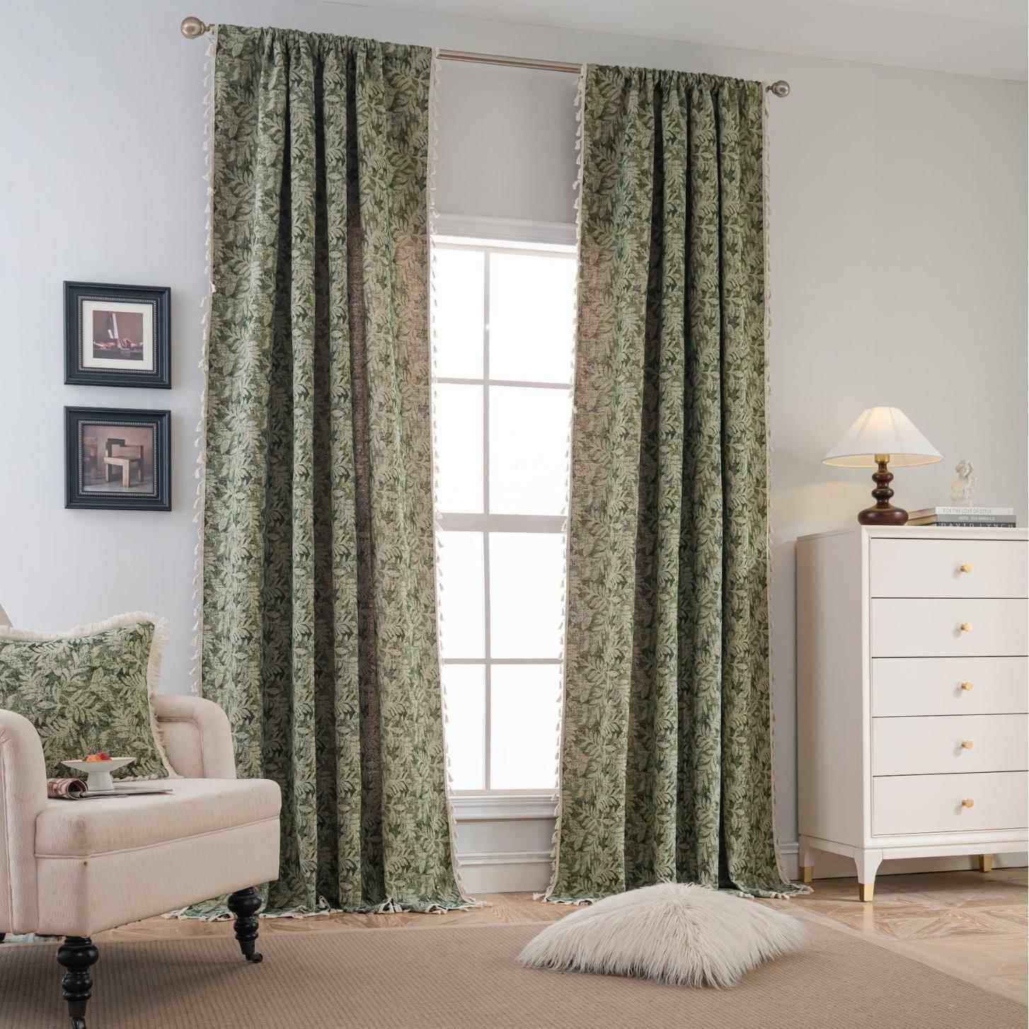 现货法式成品窗帘绿色树叶提花全遮光隔热窗帘客厅卧室儿童房