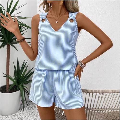 1 set of V-neck striped summer elegant women's set, V-neck s
