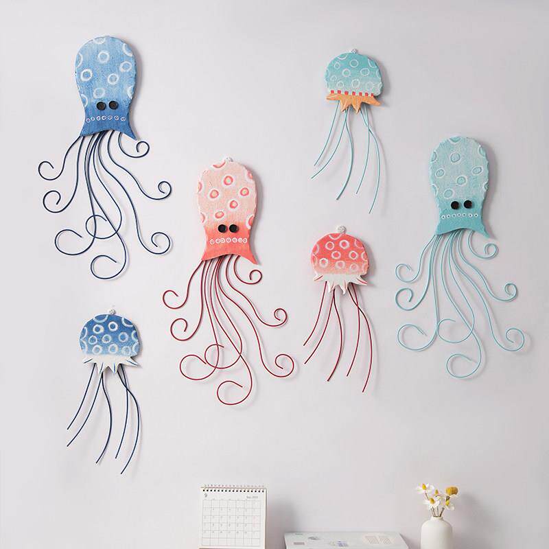 地中海风墙面装饰品儿童房创意铁艺壁饰墙上挂件章鱼水母立体壁饰