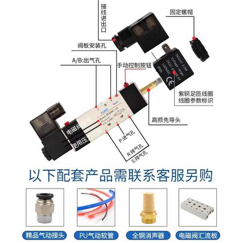 4V430C/E/P-15 电磁阀三位五通中封AC220V/DC24V/4V430-15