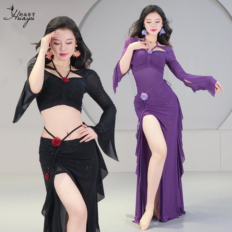 肚皮舞服原创新款细闪柔纱花朵裙东方舞蹈演出服遮肚显瘦气质套装