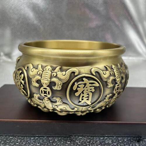 黄铜浮雕聚宝盆摆件家用中式风办公室客厅桌面玄关装饰品大号铜缸