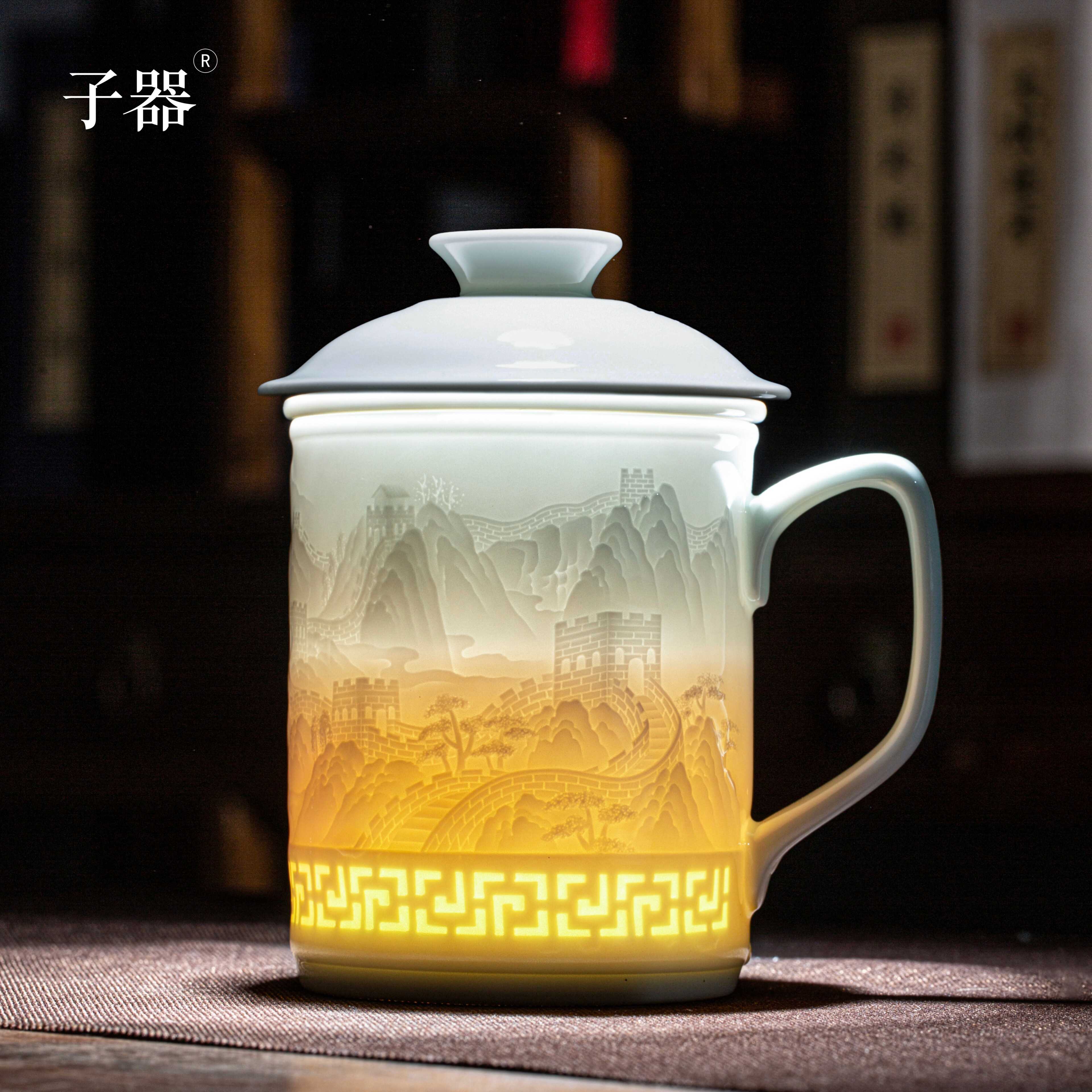 景德镇影青浮雕陶瓷茶杯高端玲珑办公杯茶水分离个人专用泡茶送礼