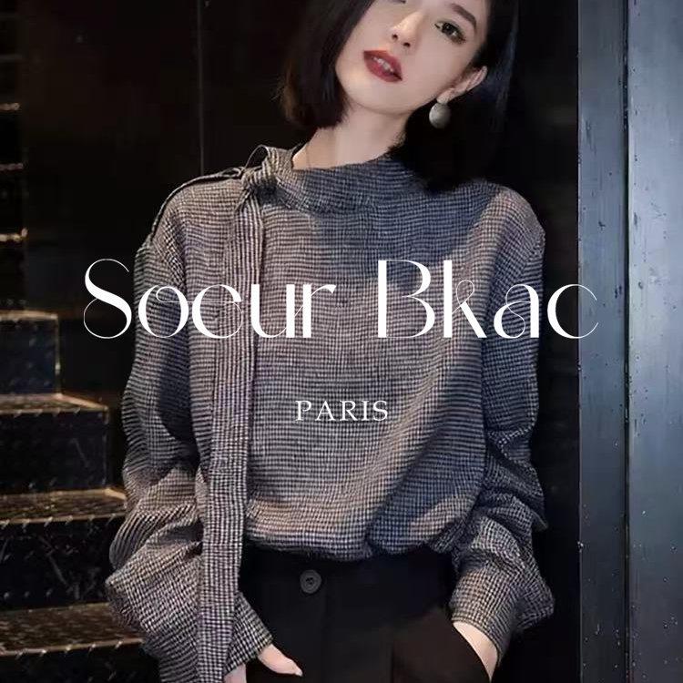 法国SOEUR BKAC春季格子飘带立领宽松衬衫女法式减龄显瘦内搭上衣
