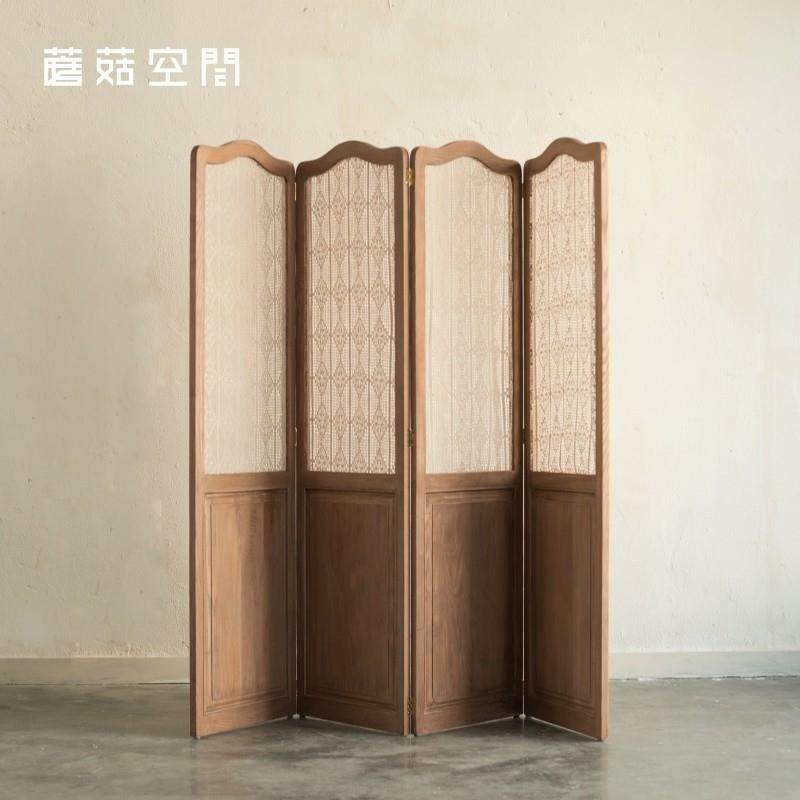 蘑菇空间 & OLD 复古木质屏风 镂空棉麻帘 客厅隔断栅栏 移动折屏