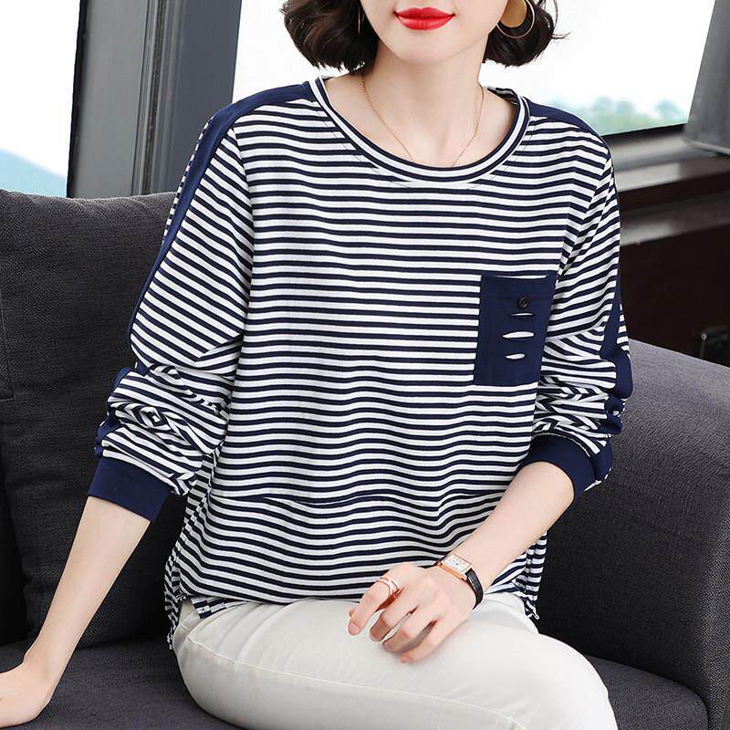 长袖T恤女2025春秋新款大尺码宽松显瘦中老年妈妈装条纹内搭衣上