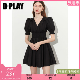 dplay夏新法式经典黑v领气质收腰泡泡，袖小个子连衣裙小黑裙