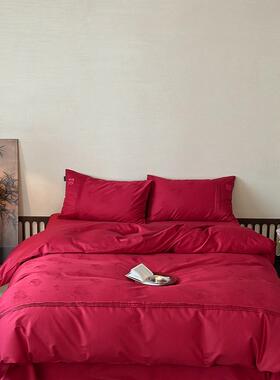 婚庆结婚大红色1VDM00长s绒棉提花件套嫁陪出嫁四全棉四件套