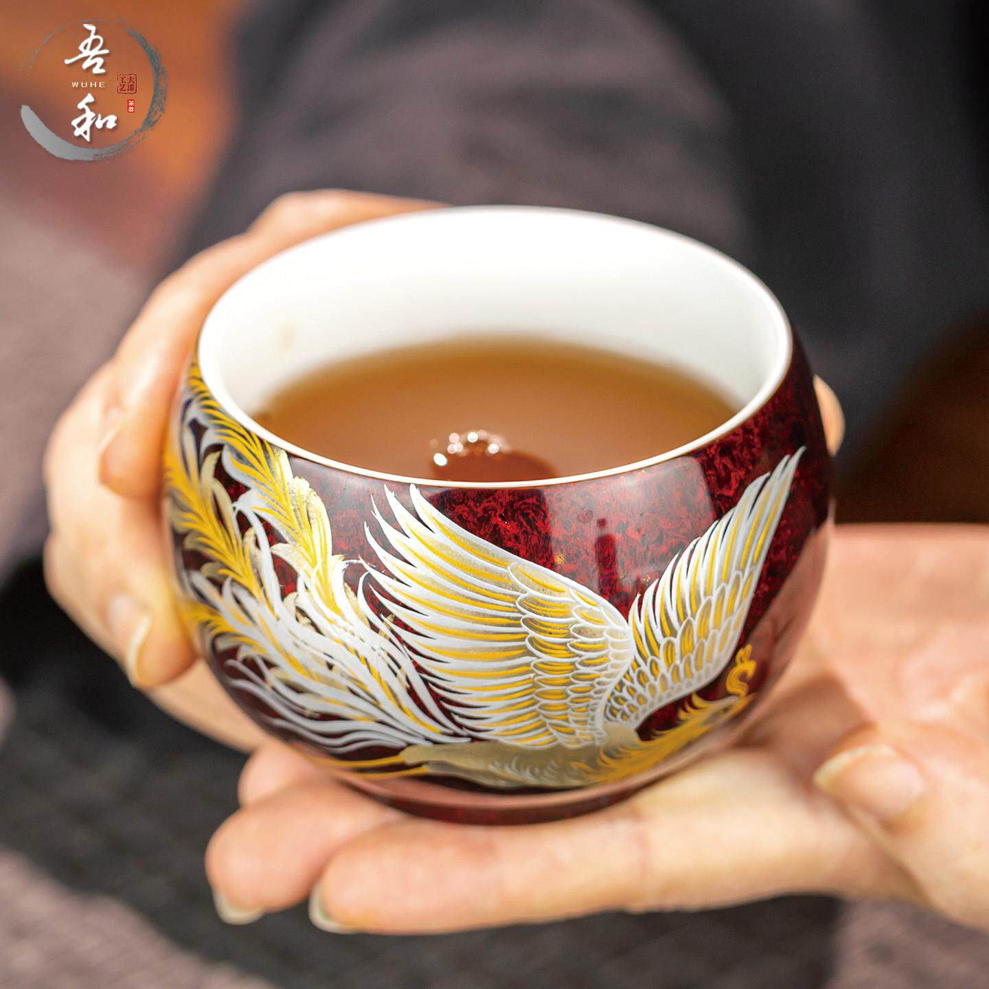 吾和漆器茶具 福州非遗大漆手绘凤凰杯 德化白瓷飘漆九尾狐主人杯