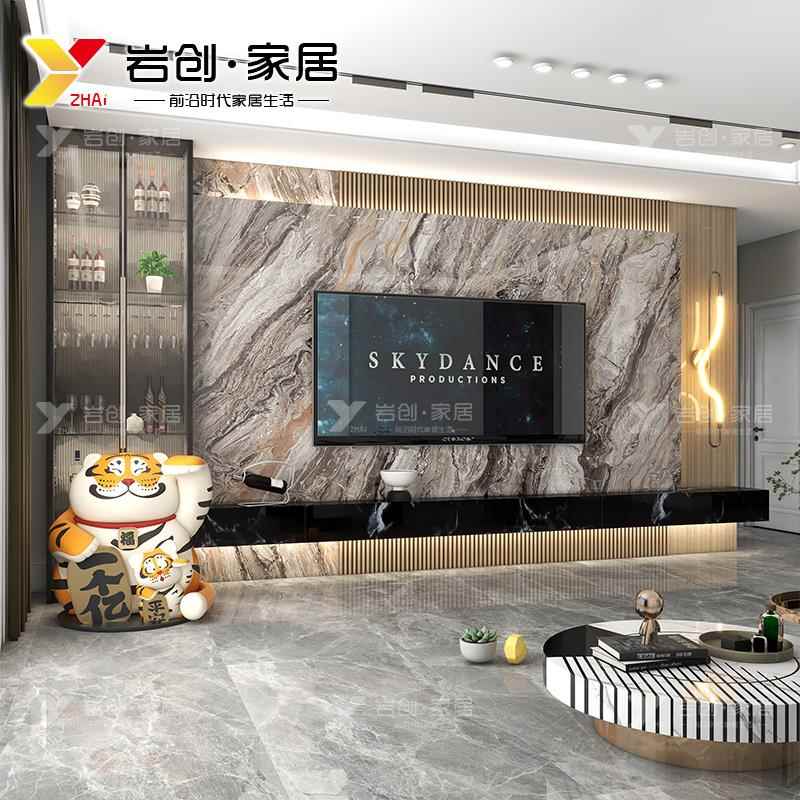 岩板电视背景墙大理石现代简约瓷砖客厅装饰悬空电视墙砖地台轻奢