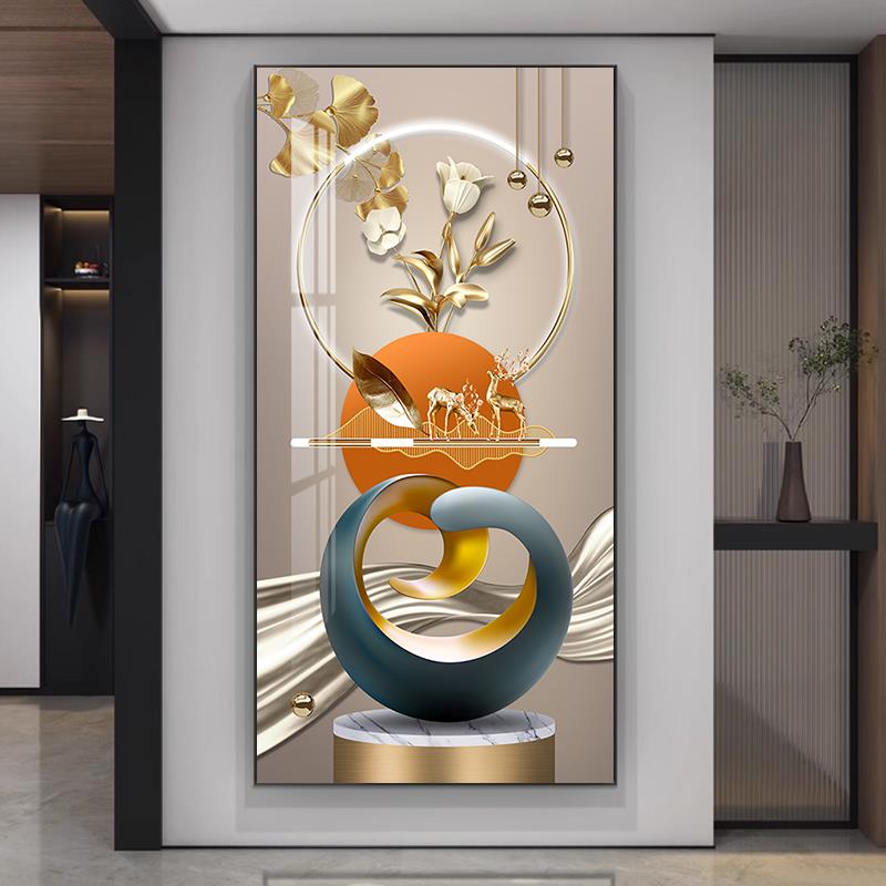 现代简约玄关装饰画橙色几何挂画走廊过道竖版发财鹿入户进门壁画图片