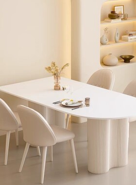 桌圆岩板半岛台餐桌一体家餐用小户型岩板餐轻DOS奢桌奶油风餐桌