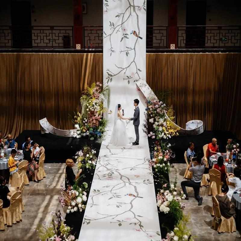 新中式国风婚庆别墅装饰结婚背景墙酒店舞台布置用品长卷花鸟画轴