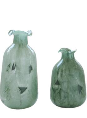 绿色中古玻璃花摆件创意水养客厅电视柜玄关插花装饰品法式琉璃