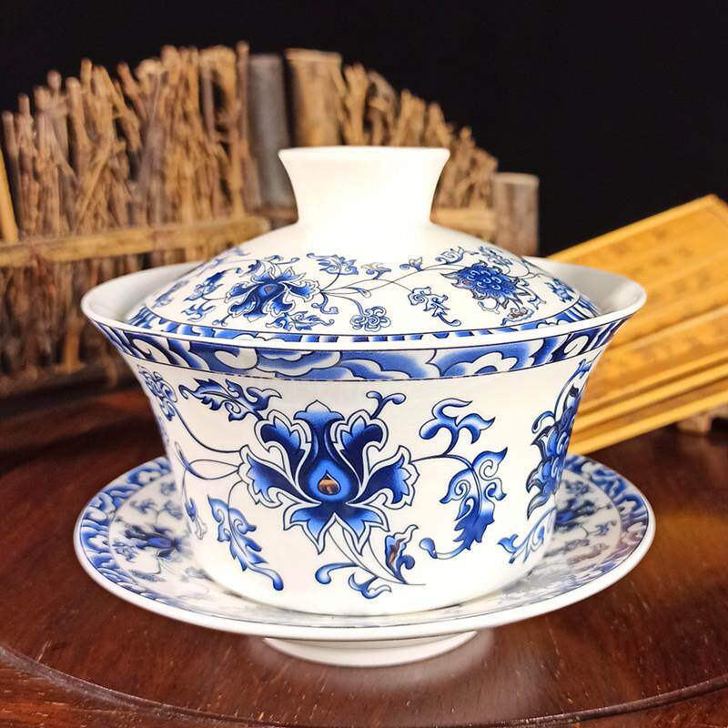 景德镇大号300ml盖碗茶杯茶碗茶具青花瓷陶瓷三才碗三炮台单个