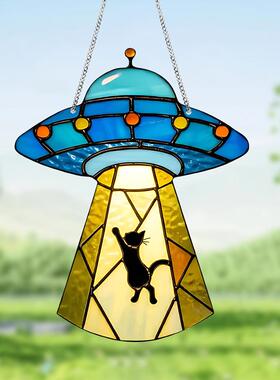 亚马逊蓝色太空飞船黑猫2D平面亚克力圆盘带链挂件窗饰门廊装饰品