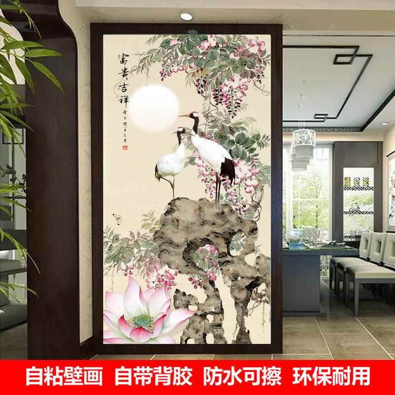 玄关自粘墙纸贴画复古水墨山水画新中式走廊过道背景墙墙壁画贴纸
