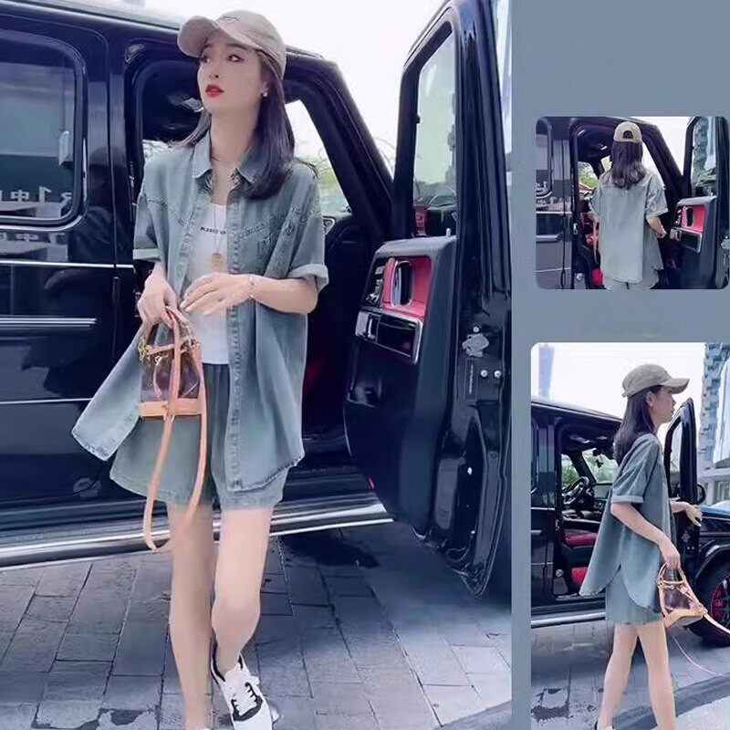 搭配一整套女装夏季新款网红女神范减龄牛仔短袖衬衫短裤两件式套