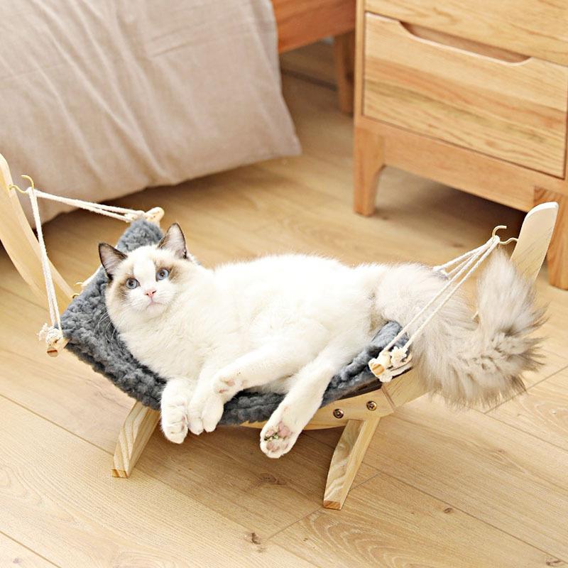 新款直销亚马逊帆布宠物床双面加绒悬挂猫吊床宠物猫咪实木秋千窝