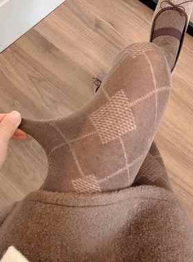 咖啡色连裤袜女春秋款菱形烟灰色打底裤袜棉质浅灰色连脚袜j0127r