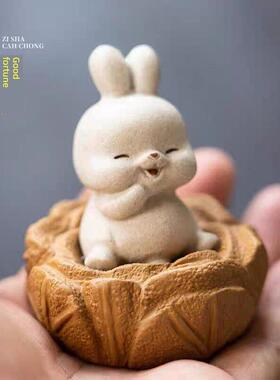 宜兴紫砂茶宠兔子精品可养生肖可爱招财坐地生财白菜茶桌摆件茶玩