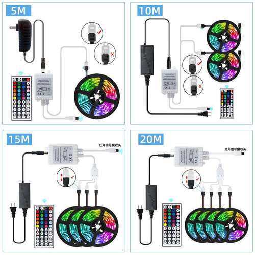 亚马逊外贸 44键双输出一拖二 5050RGB 七彩变色10米套装滴胶灯条