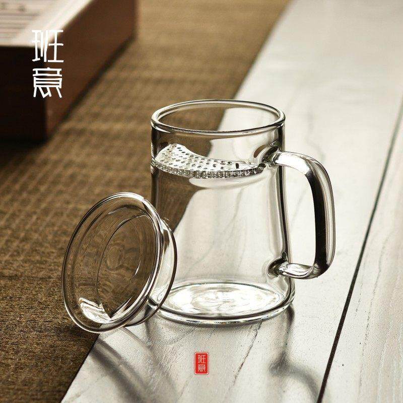 班意 绿茶杯月牙杯带盖子玻璃杯家用带把耐热花茶杯泡茶杯办公茶