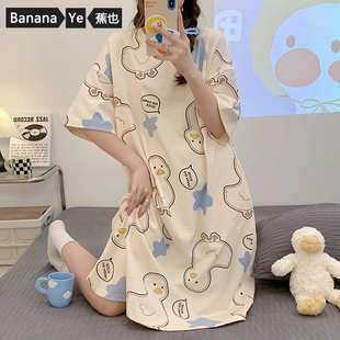 睡裙夏季 可外穿睡衣女夏睡裙连衣裙中裙in抖音 短袖 可爱棉卡通薄款