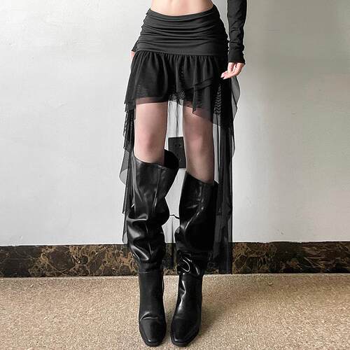 High waisted mesh ribbon short skirt for women
