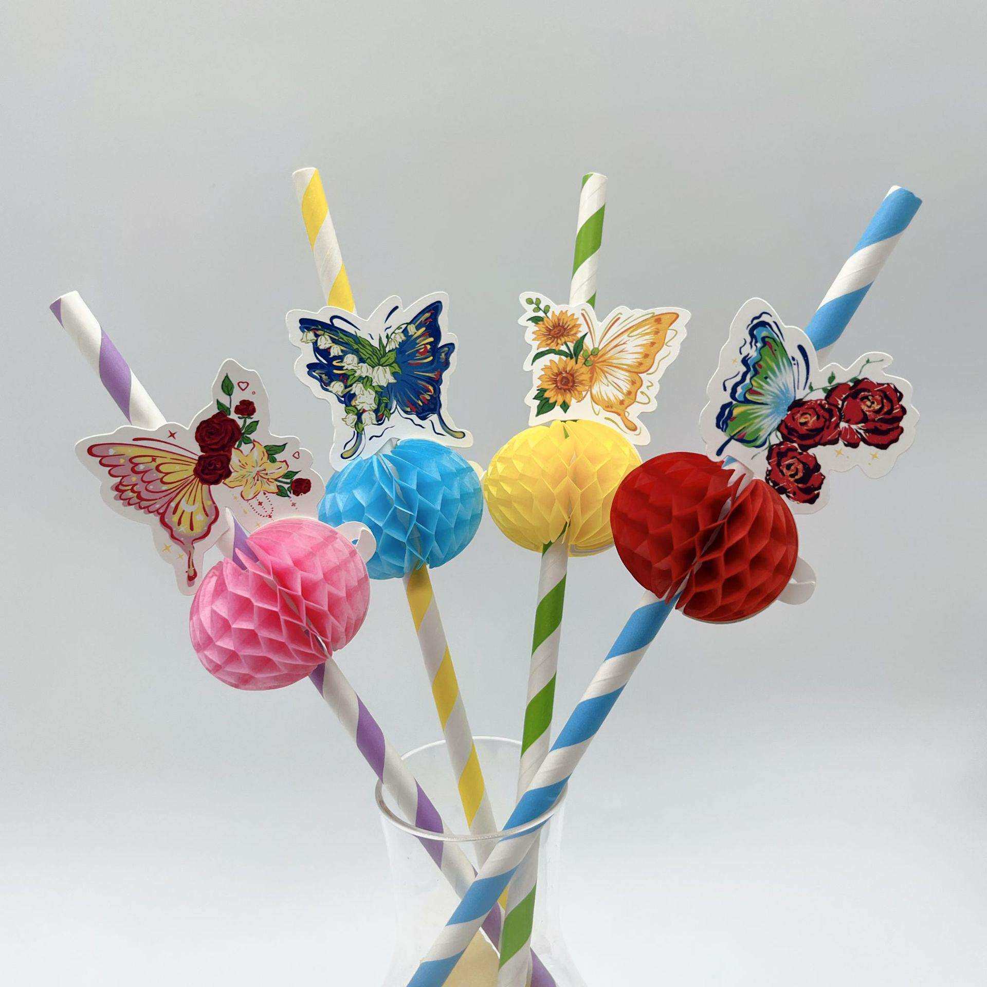 蝴蝶花从花朵蜂窝纸吸管小装饰花水果签果插装饰品鸡尾酒装饰吸管