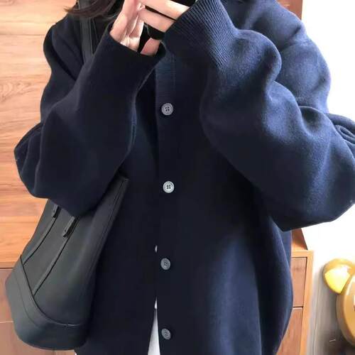 上衣国潮牌藏青色针织衫开衫女春秋宽松慵懒风别致休闲百搭1007d