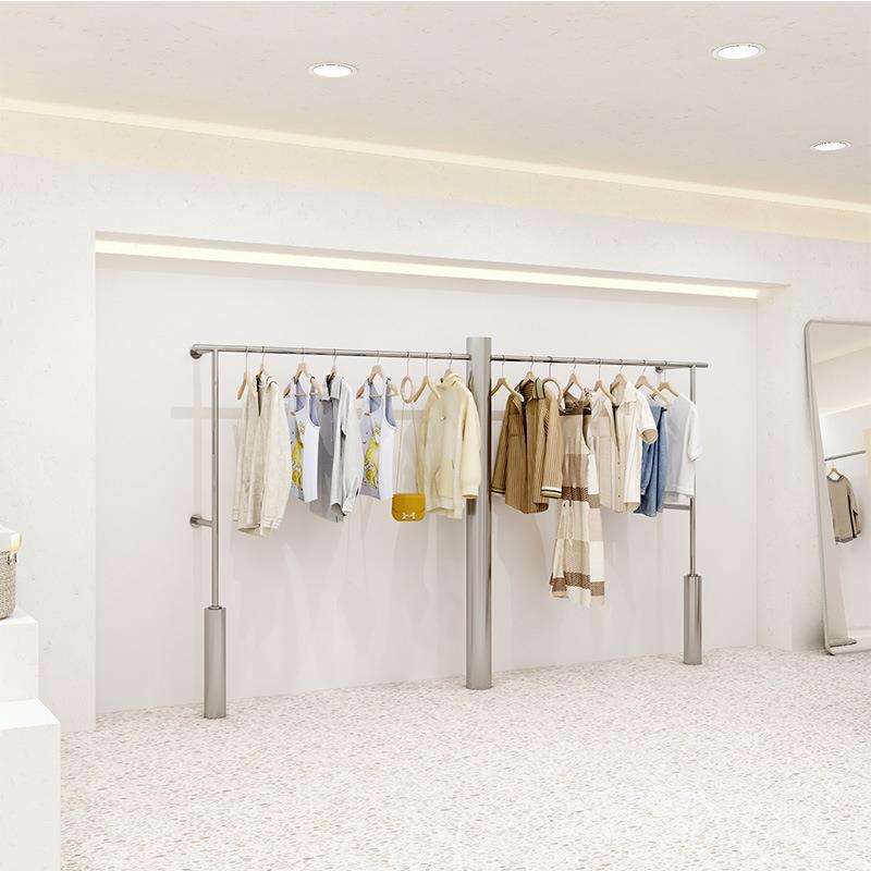 服装店展示架女装货架陈列架男童装不锈钢银色拉丝货架上墙挂衣杆