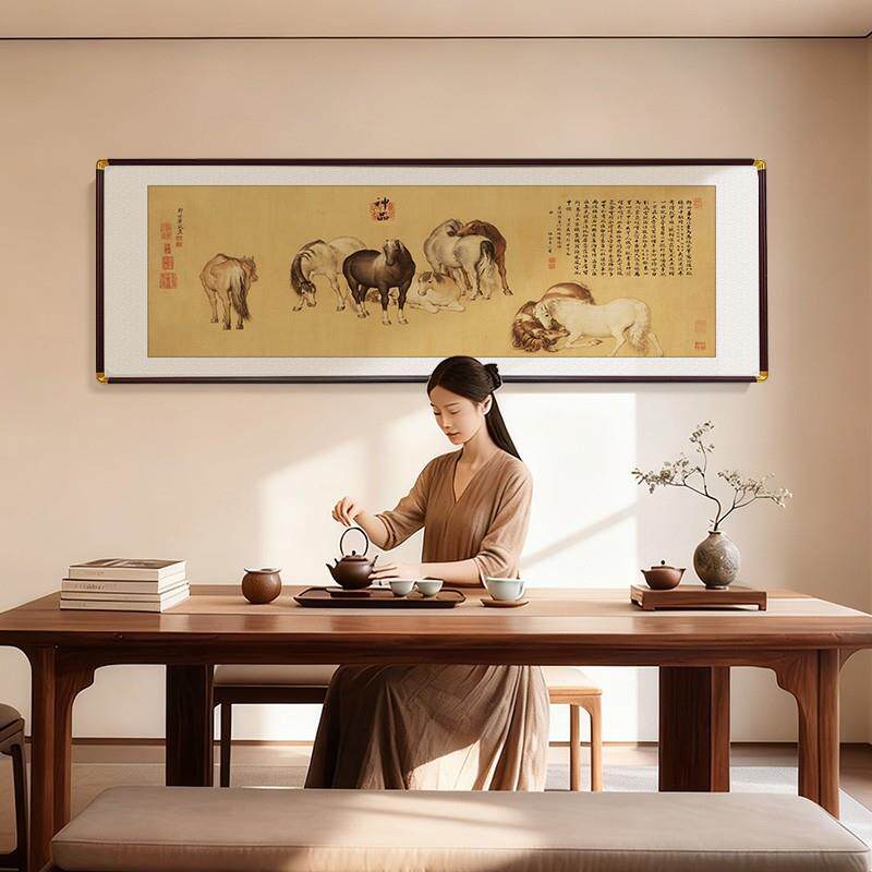 八骏图浮雕描金客厅装饰画实木边框高端肌理打印立体办公室挂画