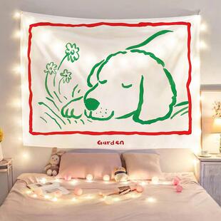 简约小狗线条卡通治愈系挂布宿舍墙面装饰布卧室床头背景布