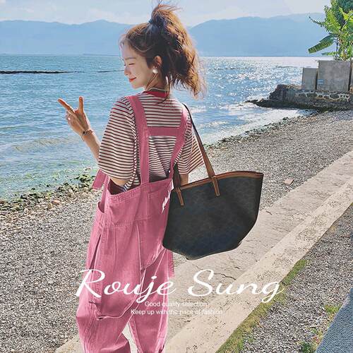 ROUJE SUNG粉色牛仔背带裤女春夏小个子独特设计宽松显瘦连体裤子