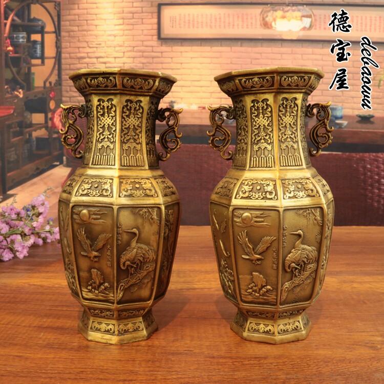 铜花瓶纯铜彷古供佛花瓶松鹤延年富贵大吉大展宏图连年有鱼一对